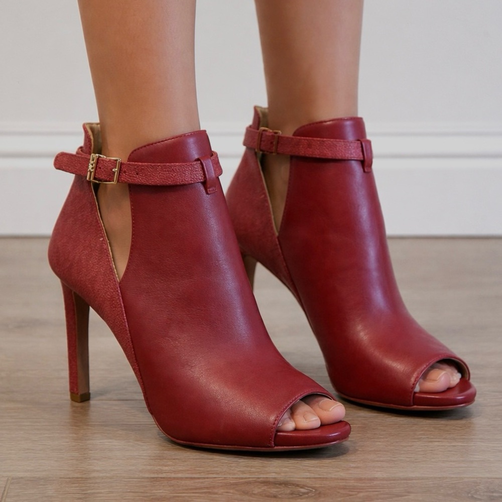 Michael Kors Lawson Logo Booties Burgundy 7.5 Peep Toe Stilletos Heels Shoes NEW